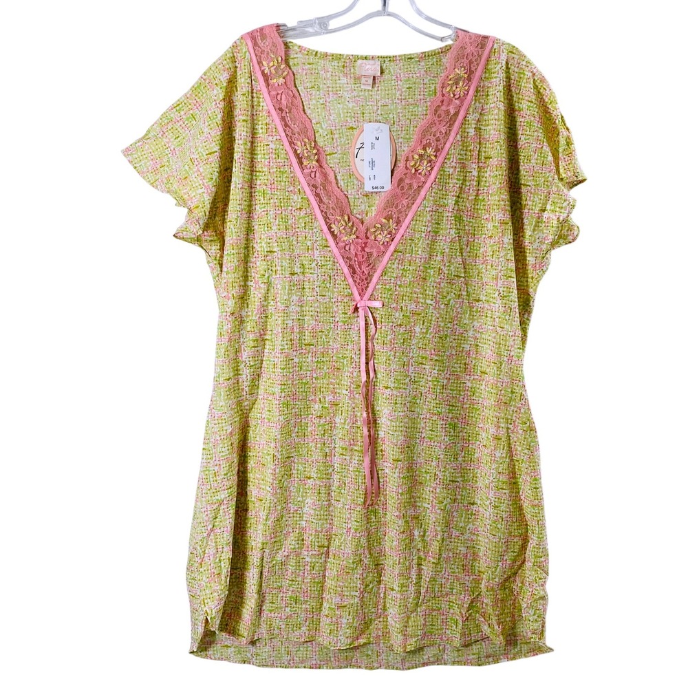 Womens Medium V Neck Gown Sleepwear Green Pink Lace Beads Sequin Trim Loungewear